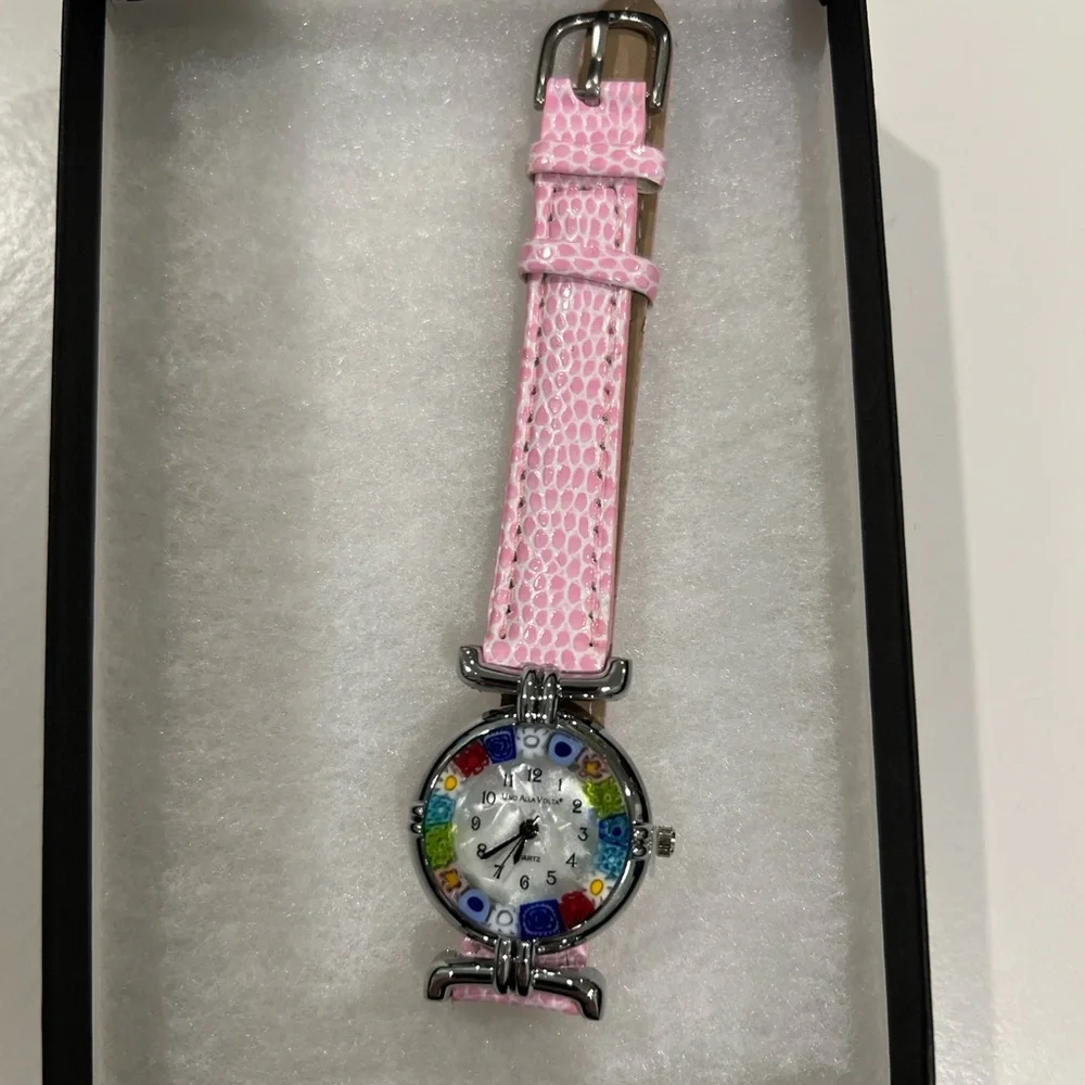Uno Alla Volta Women’s Murano Glass Millefiori Watch with Rose Pink Leather NWOT